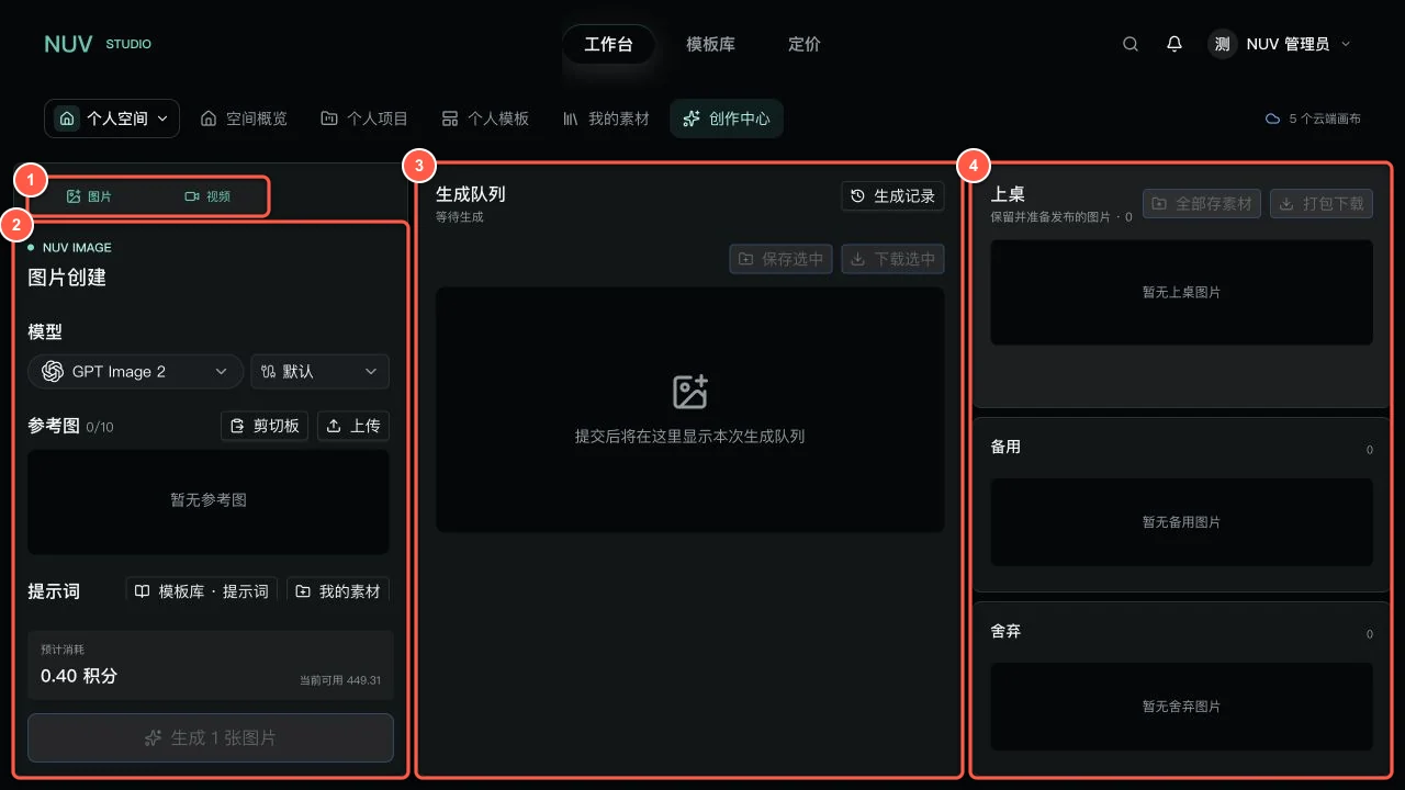 NUV 创建中心,标注了图片视频切换、创作设置、生成队列和结果分类区