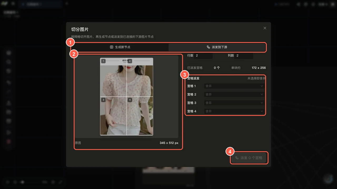 NUV 图片切分派发到下游弹窗,编号标出模式、宫格预览、下游分配和派发按钮